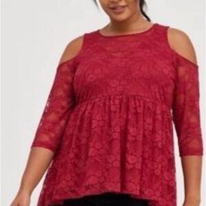 Torrid red lace cold shoulder top